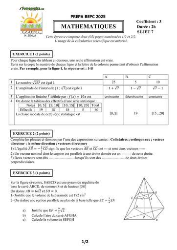 PREPA BEPC 2025  MATHS FICHE 7 BY TEHUA