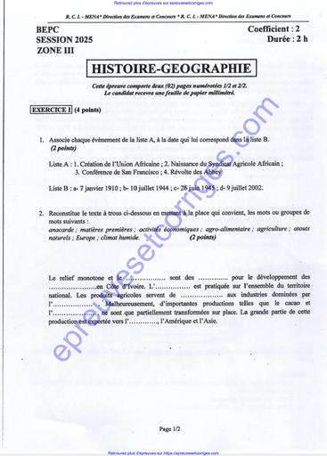 Preuve et Corrigé d’Histoire Géographie – BEPC Session 2025 Zone 3