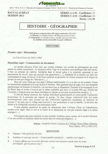 Sujet d'Histoire et Geographie Bac A B C et D 2013