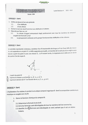 Sujet de Physique-Chimie Lycée Classique Abidjan 21-22