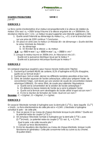 Sujet de Physique-Chimie 1 ère C examen Probatoire 1987