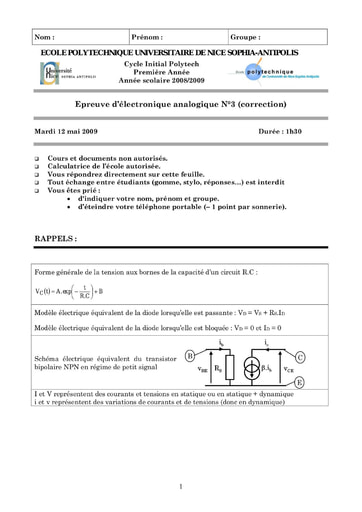 Sujet corrigé d’électronique analogique