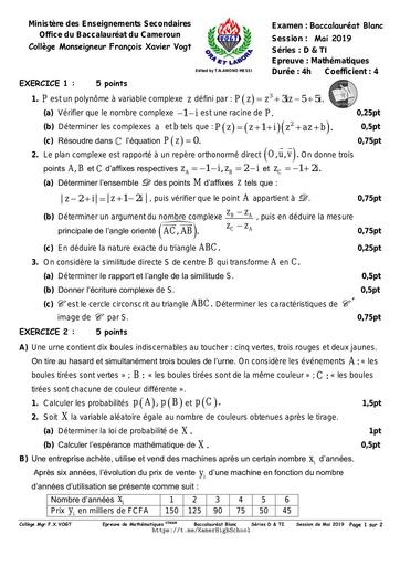 CollègeFXVogt  Cameroun Maths TleDTI Bac Blanc 2019