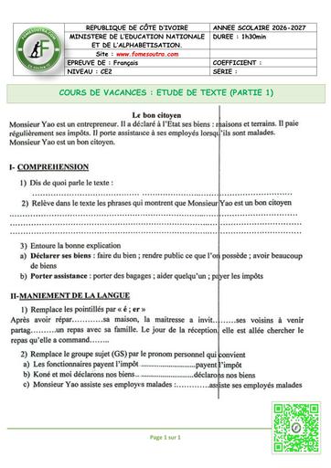 FICHE 3 Français CE2 Etude de texte PARTIE 1 by TEHUA
