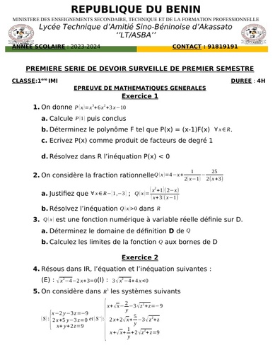 Sujet Maths 1iere IMI By Tehua