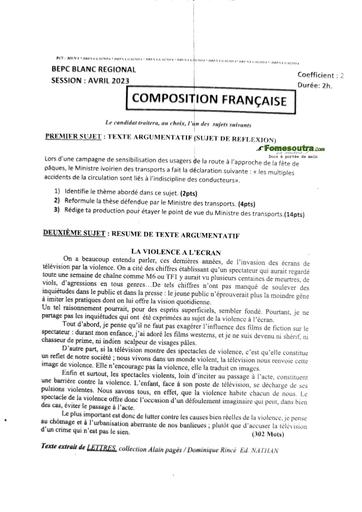 SUJET DE COMPOSITION FRANCAISE BEPC BLANC GAGNOA 2023