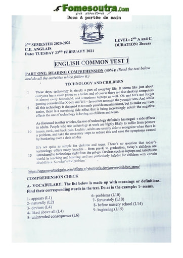 English Test 2ndeC Lycée Classique Abidjan