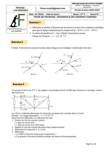 FICHE DE TRAVAUX DIRIGES Physique  INTENSITE D’UN COURANT CONTINU 2nde C 2025 BY TEHUA