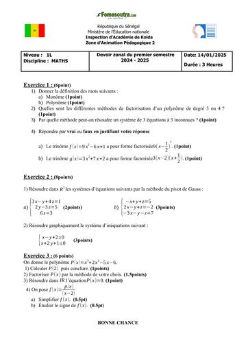 Devoir zonal MATHS 1ière L semestre 1 2024 2025