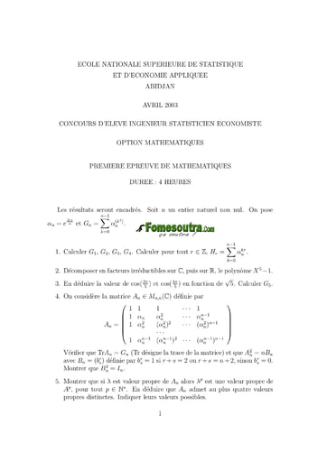 Sujet 1ère épreuve de maths ISE option maths 2003 (ENSEA)