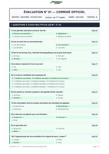 INFAS Corrigé Évaluation N°01 Anatomie Physiologie AS1 by TEHUA