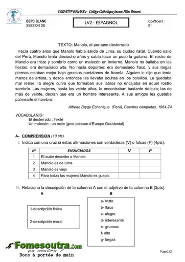 Sujet d'Espagnol BEPC blanc 2020 - Collège Catholique Jeunes Filles Béoumi (DRENETFP BOUAKE 2)
