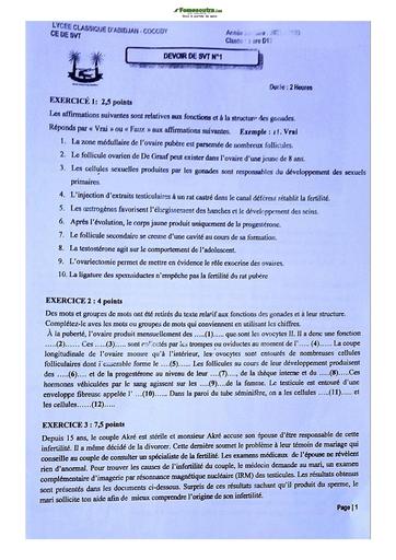 Sujet de SVT niveau Première D Lycée Classique Abidjan 2022-2023