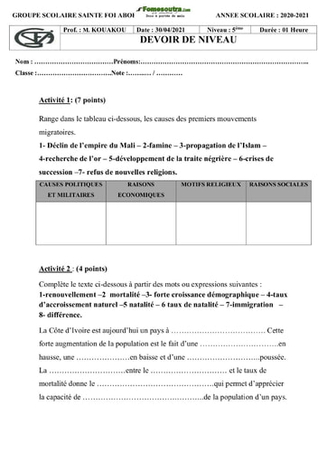 Devoir Histoire-Géographie 5ème Groupe Scolaire Sainte Foi (2020-2021)