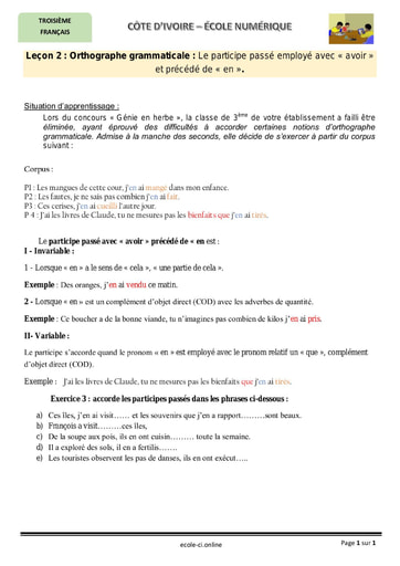 Cours orthographe grammaticale : Le participe passé employé avec « avoir »  et précédé de « en »