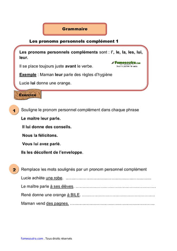Les pronoms personnels complément 1 - Cours CE1