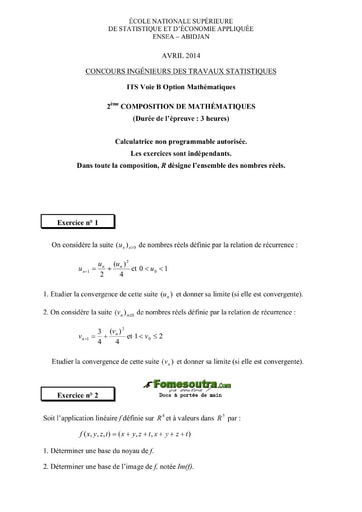 Sujet 2ème épreuve de maths ITS B option Maths 2014 (ENSEA)