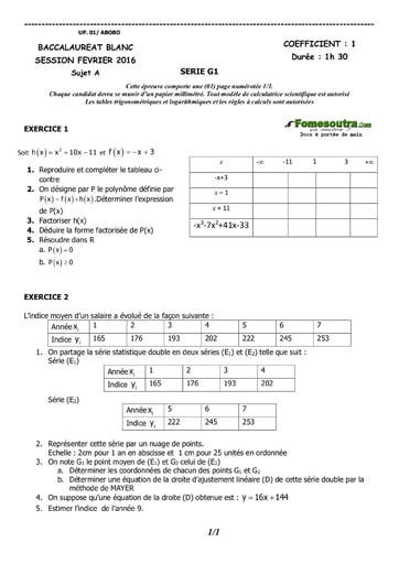 Sujet de Maths BAC blanc 2016 serie G1 - UP Abobo