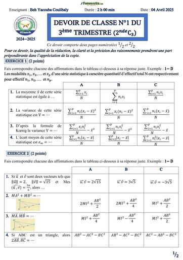 DEVOIR DE CLASSE N°3 MATHS 2nde C TRIMESTRE 3 COLLEGE HINNEH DE BIABOU By TEHUA