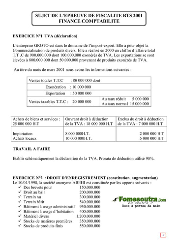 Sujet corrigé de Fiscalité BTS Finances Comptabilité et Gestion d’Entreprises 2001