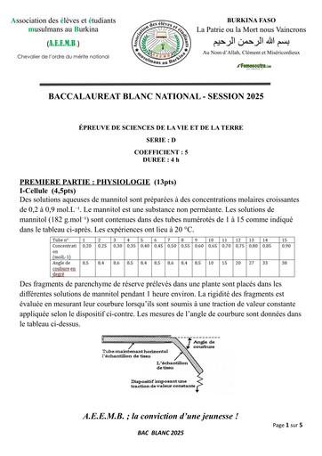 BAC BLANC 2025 SERIE D sujet  SVT AEEMB BURKINA FASO BY TEHUA