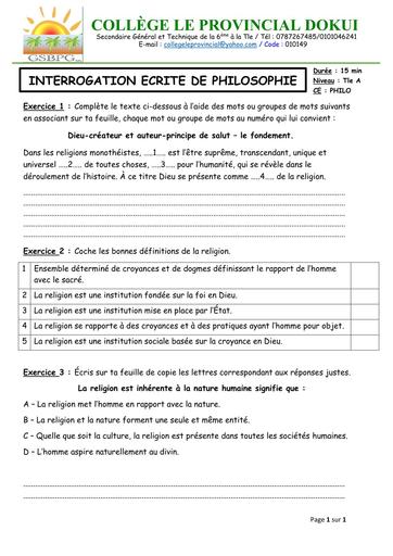 INTERROGATION PHILO NIVEAU Tle A DECEMBRE 2025