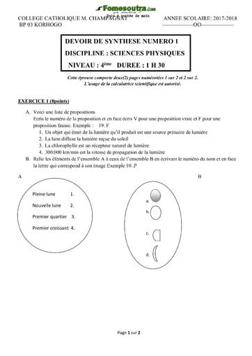 Devoir de synthèse Physiques niveau 4eme - Collège Catholique M. Champagnat Korhogo