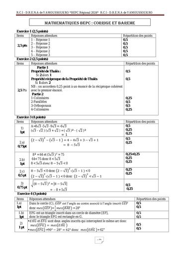 Corrigé MATHS BEPC blanc 2024 Yamoussoukro by Tehua