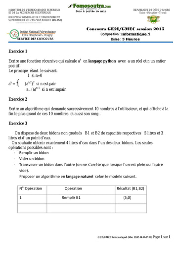 Sujet d'Informatique 1 concours GE2I/GMEC 2015