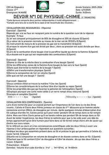 DEVOIR DE PC NIVEAU 4ième CEG de DJIGOUERA 2026 N°1 BY TEHUA