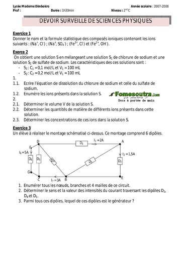 Devoir 9 de Physique-Chimie niveau 2nd C