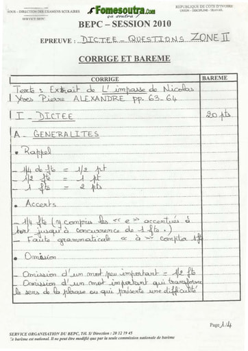 Corrigé de dicteé et questions BEPC 2010 Zone 2