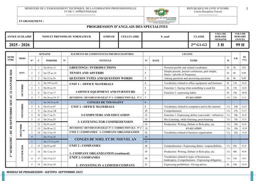 PROGRESSION ANGLAIS 2nde G1 G2 2025 2026 BY TEHUA