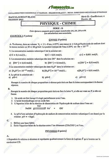 SUJET ET CORRIGE BAC BLANC 2023 PHYSIQUE CHIMIE SERIE D REGIONAL DE BASSAM COTE D'IVOIRE