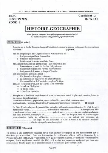 BEPC 2024 HISTOIRE GEOGRAPHIE +barème ZONE 1 by Tehua