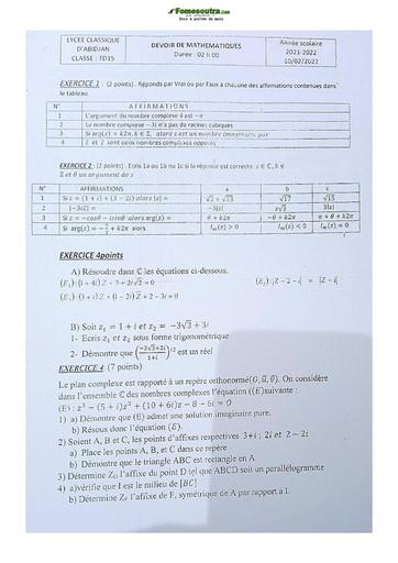 Sujet de Mathématiques Terminale D Lycée Classique 2021-2022
