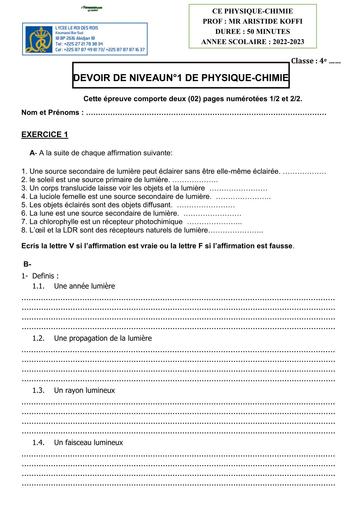 DEVOIR DE PC NIVEAU 4ième LYCEE LE ROI DES ROIS 2023 BY TEHUA