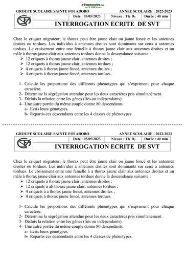 Sujet SVT Terminale D Groupe scolaire Sainte Foi 22-23