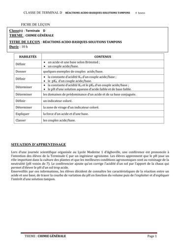 FICHE DE COURS CHIMIE Tle D L5  REACTION S ACIDO BASIQUE