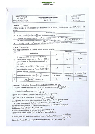 Sujet de Mathématique Terminale D Lycée Classique Abidjan 2021-2022