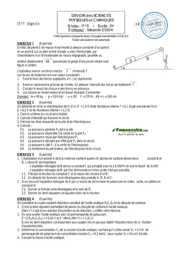 Devoir (4) de Physique-chimie 1ère D EMPT Bingerville