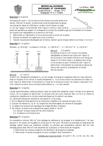 Devoir (1) de Physique-chimie 1ère C EMPT Bingerville