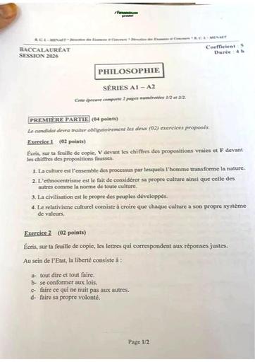 BAC 2026 Sujet de philosophie série A1&2 By TEHUA