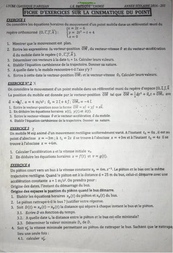 Fiche d'exercices sur la Cinématique du point niveau Terminale CE - Lycée classique d'Abidjan