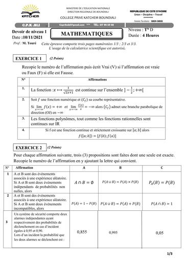DEVOIR N°1 MATHS Tle D COLLEGE KATCHEM BY TEHUA