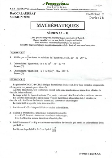 Sujet de Maths BAC A2 et H 2020