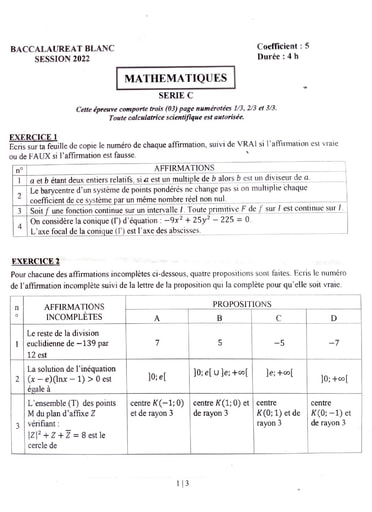 BAC C BLANC MATHÉMATIQUES ABIDJAN 4 2022