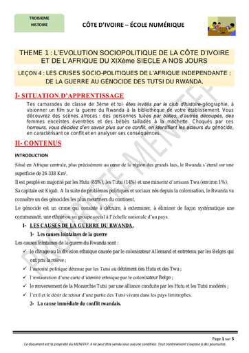 Les crises socio-politiques de l’Afrique indépendante : de la guerre au génocide des tutsi du Rwanda - Cours d’Histoire niveau 3eme