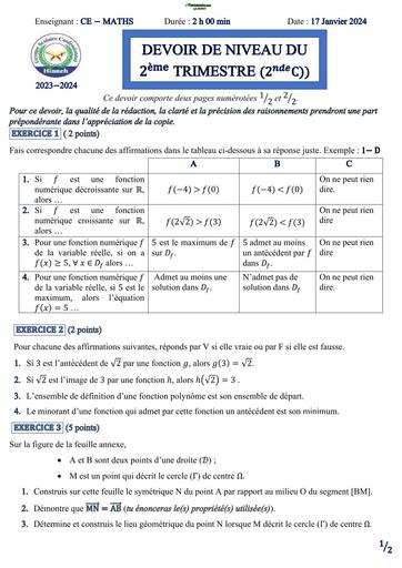 DEVOIR DE NIVEAU N°1 MATHS 2nde C DU TRIMESTRE 2 HINNEH 2024 BY TEHUA
