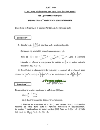 Corrigé 2ème épreuve de maths ISE option maths 2009 (ENSEA - ISSEA - ENSAE)